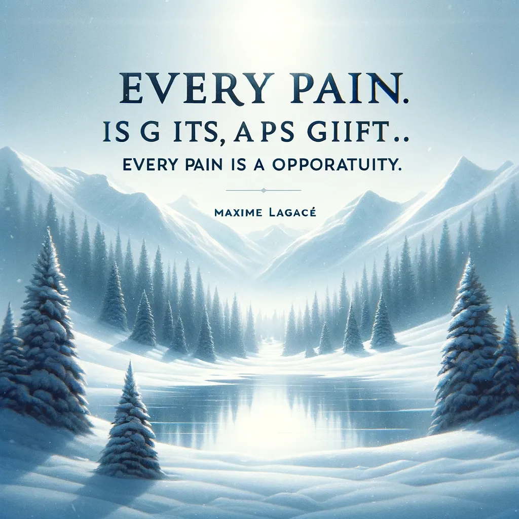 Winter landscape with snow-covered trees and Maxime Lagacé's quote about pain being an opportunity, from biquote.com.