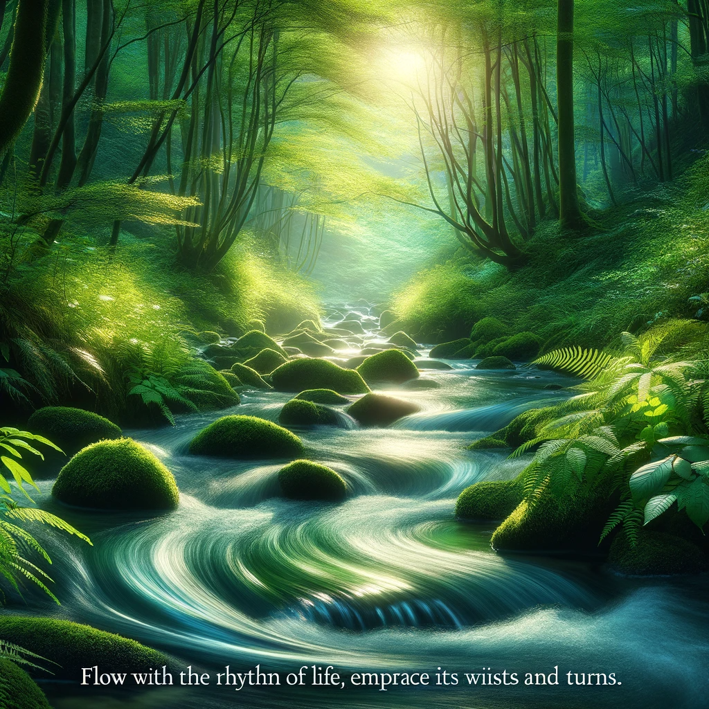 A serene forest stream meanders through moss-covered stones, illuminated by gentle sunlight filtering through the trees.