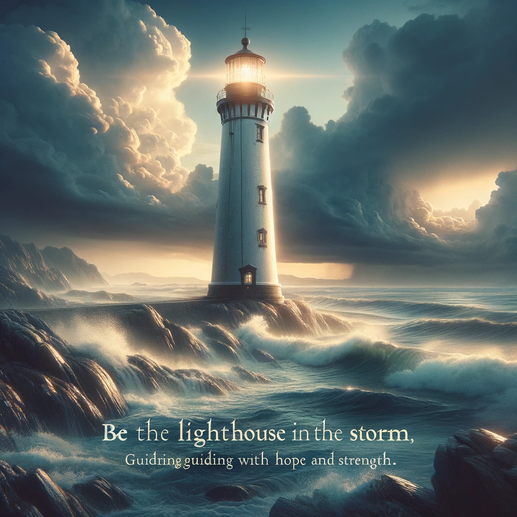 A steadfast lighthouse stands against tumultuous waves under stormy skies, a beacon of hope and guidance.