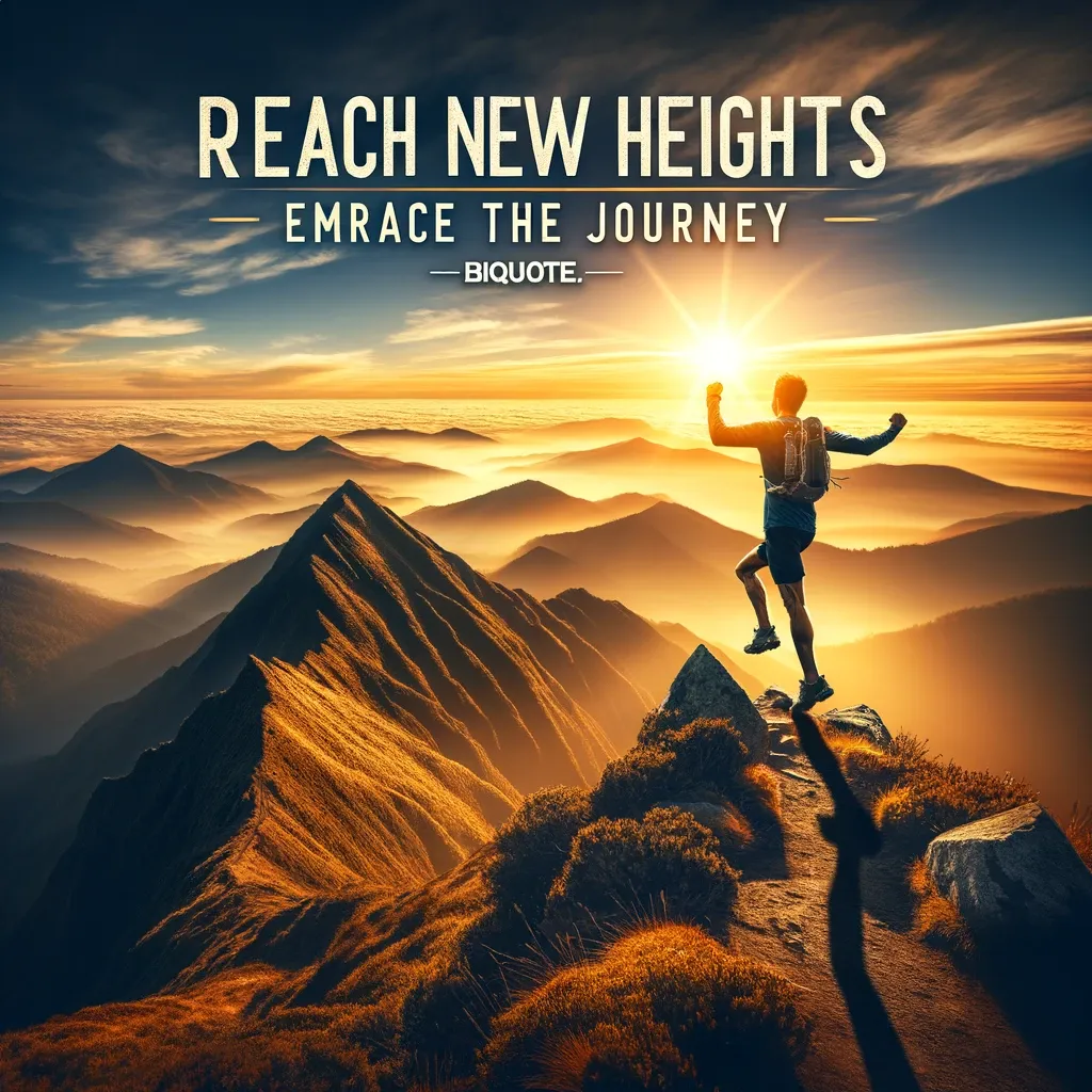 A hiker with arms outstretched at the summit of a mountain, overlooking a range bathed in golden sunrise.