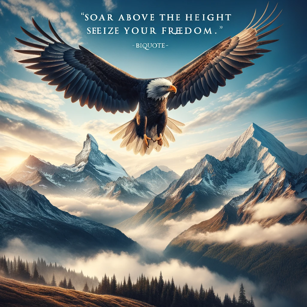 A majestic eagle in flight over a breathtaking mountain landscape, embodying the spirit of freedom and the will to soar above the heights.