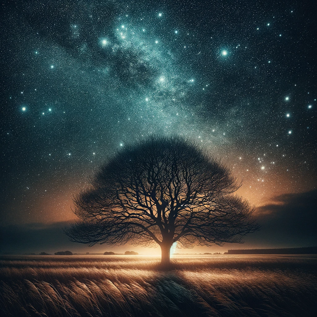 A lone tree stands under a star-filled sky, glowing with the light of countless stars, evoking the wonder of the universe.