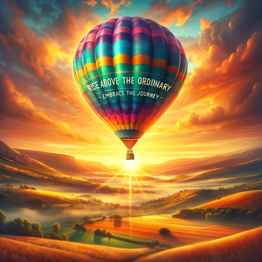 A vibrant hot air balloon rising above a picturesque landscape at sunrise, symbolizing new perspectives and journeys.