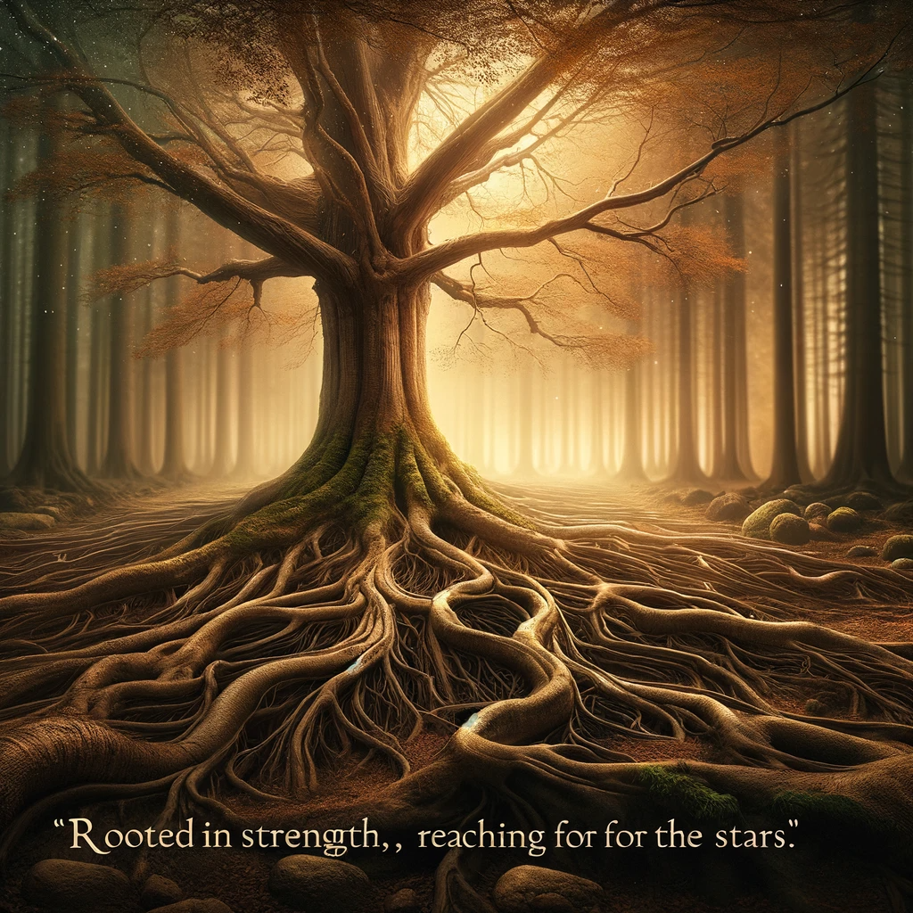 Majestic ancient tree with vast roots, symbolizing strength and aspiration for the stars.