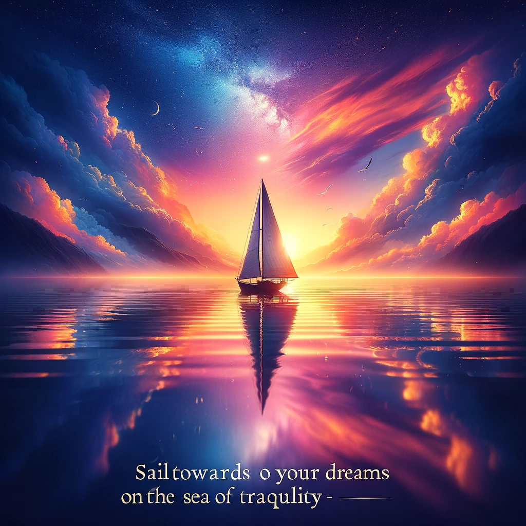 Sailboat on a tranquil sea at sunset, symbolizing a journey toward dreams and peace.