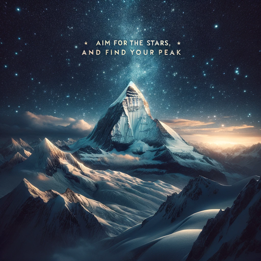 Snow-capped mountain peak under a starry sky, inspiring to aim high and find your peak.