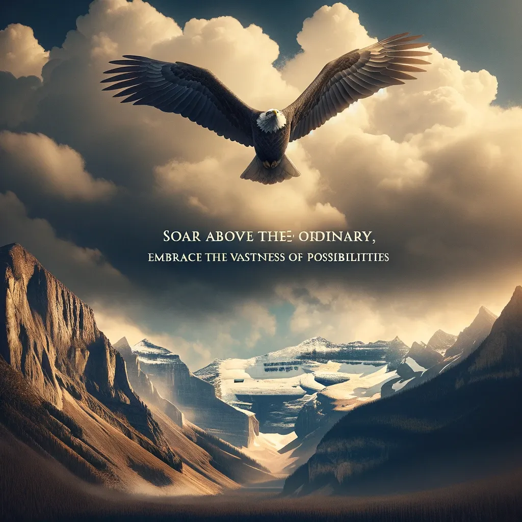 Eagle soaring high above mountain peaks, a metaphor for rising above the ordinary and embracing a world of possibilities.