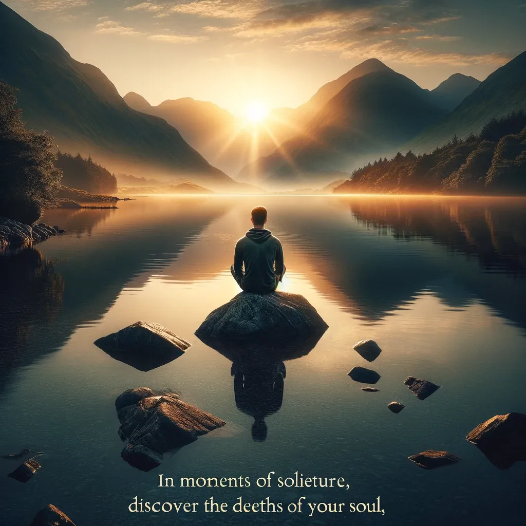 A lone figure sitting on a rock in the middle of a calm lake, reflecting on the depths of the soul amidst nature's stillness.