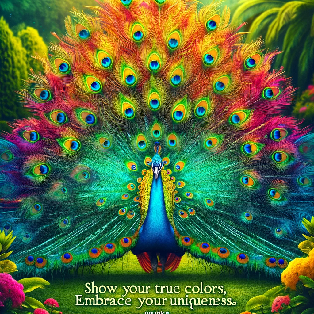 Peacock displaying its vibrant feathers, symbolizing self-expression and uniqueness.