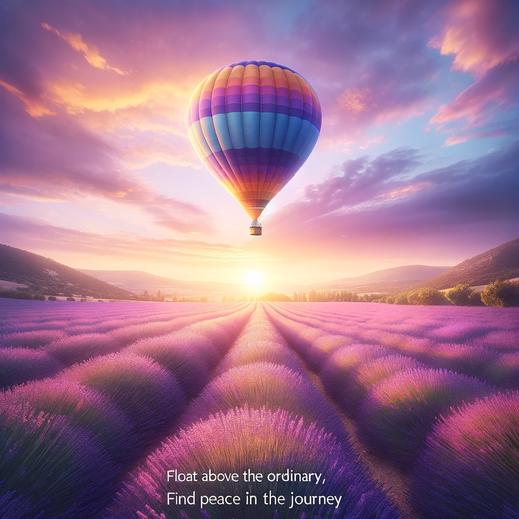 Hot air balloon floating above purple lavender fields at sunset, conveying peace and the joy of life's journey.