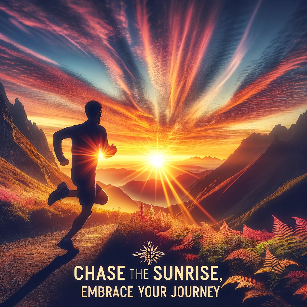 Runner in the mountains at sunrise, inspiring one to chase the new day and embrace the journey ahead.
