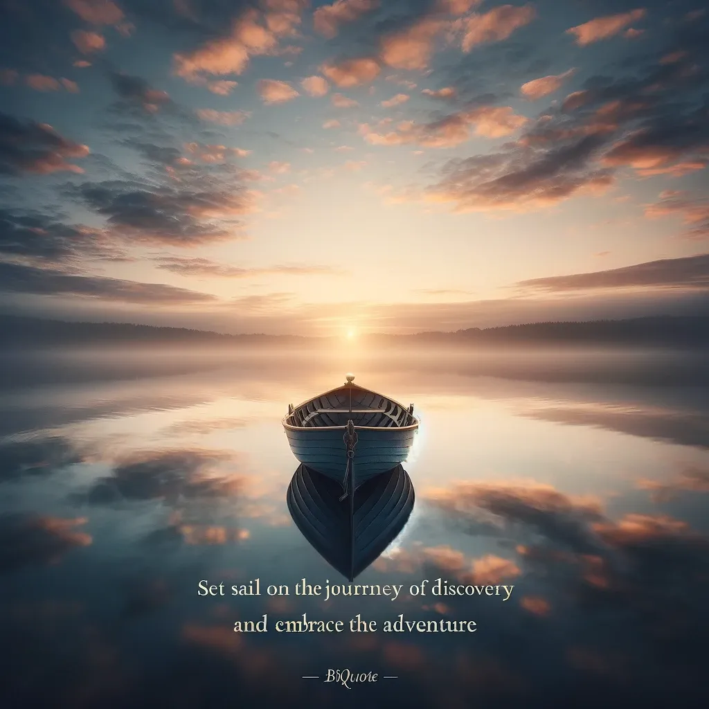 A lone boat on a mirror-like lake at dawn, symbolizing the start of a tranquil journey of discovery.