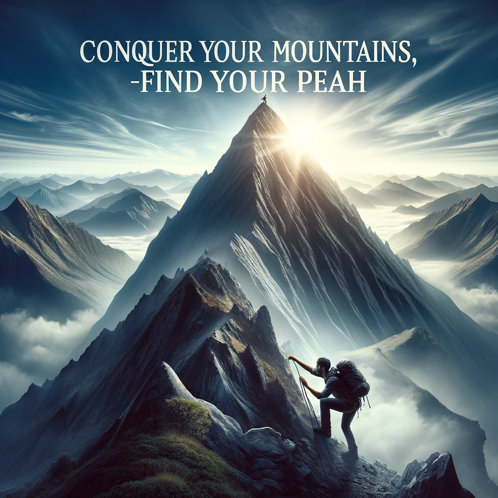 A climber reaching the peak of a majestic mountain, embodying the conquest of personal challenges and achievements.