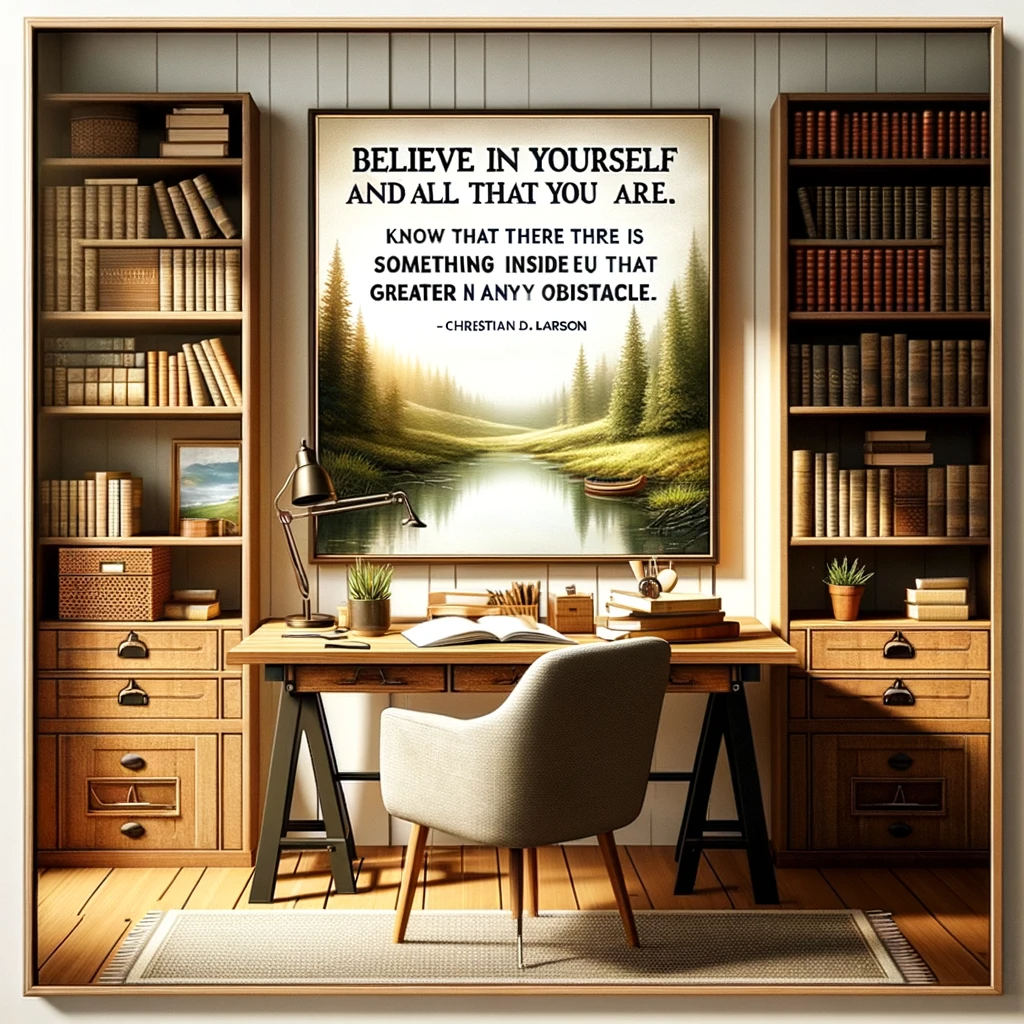 Cozy home office with inspirational quote poster on the wall