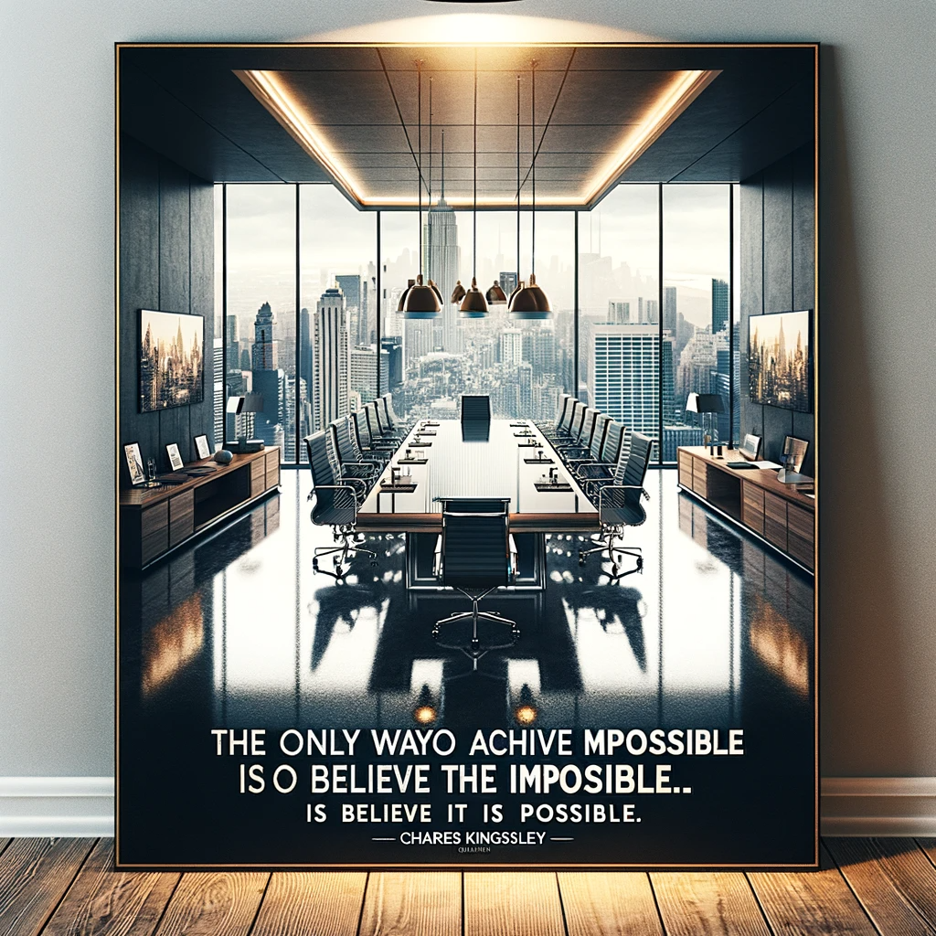 Elegant boardroom with Charles Kingsley quote on belief and possibility