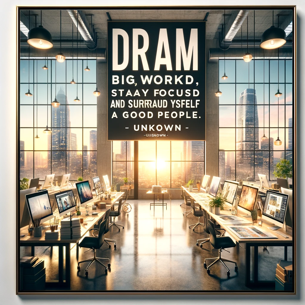 Modern office with motivational quote on dreams and people