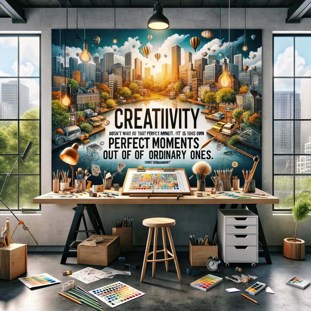 Artistic workspace with a quote about creating perfect moments from ordinary ones