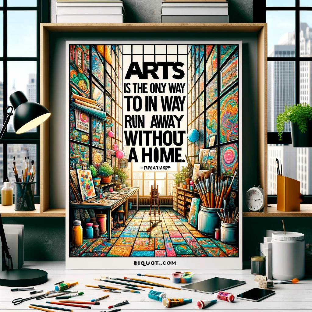 Colorful art studio with quote on art being an escape.