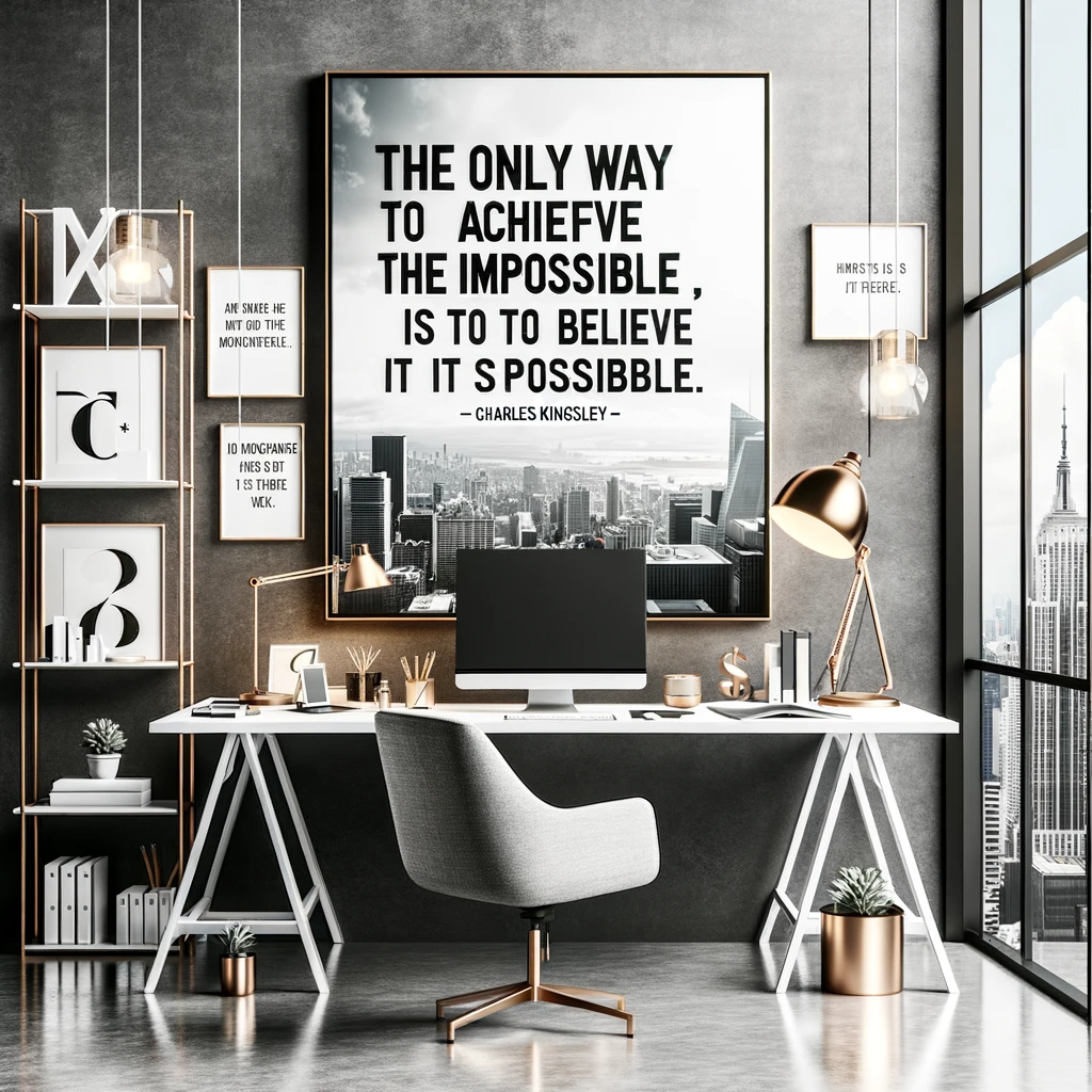 Modern office with inspirational quote on believing in the impossible to achieve the possible.