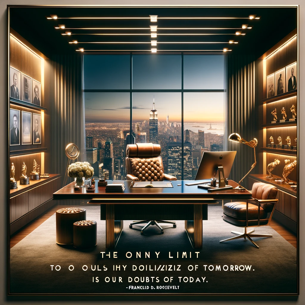 Elegant executive office with skyline view and quote on overcoming doubt for tomorrow's realization.