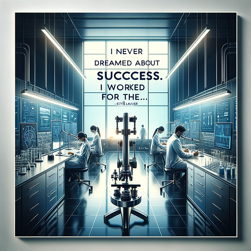 Futuristic laboratory with quote on working towards success, attributed to Estée Lauder.