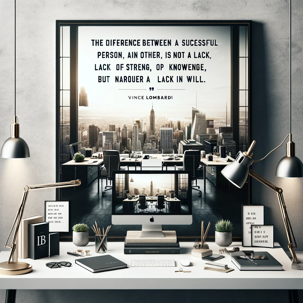 Modern office overlooking the city with Vince Lombardi quote on willpower.