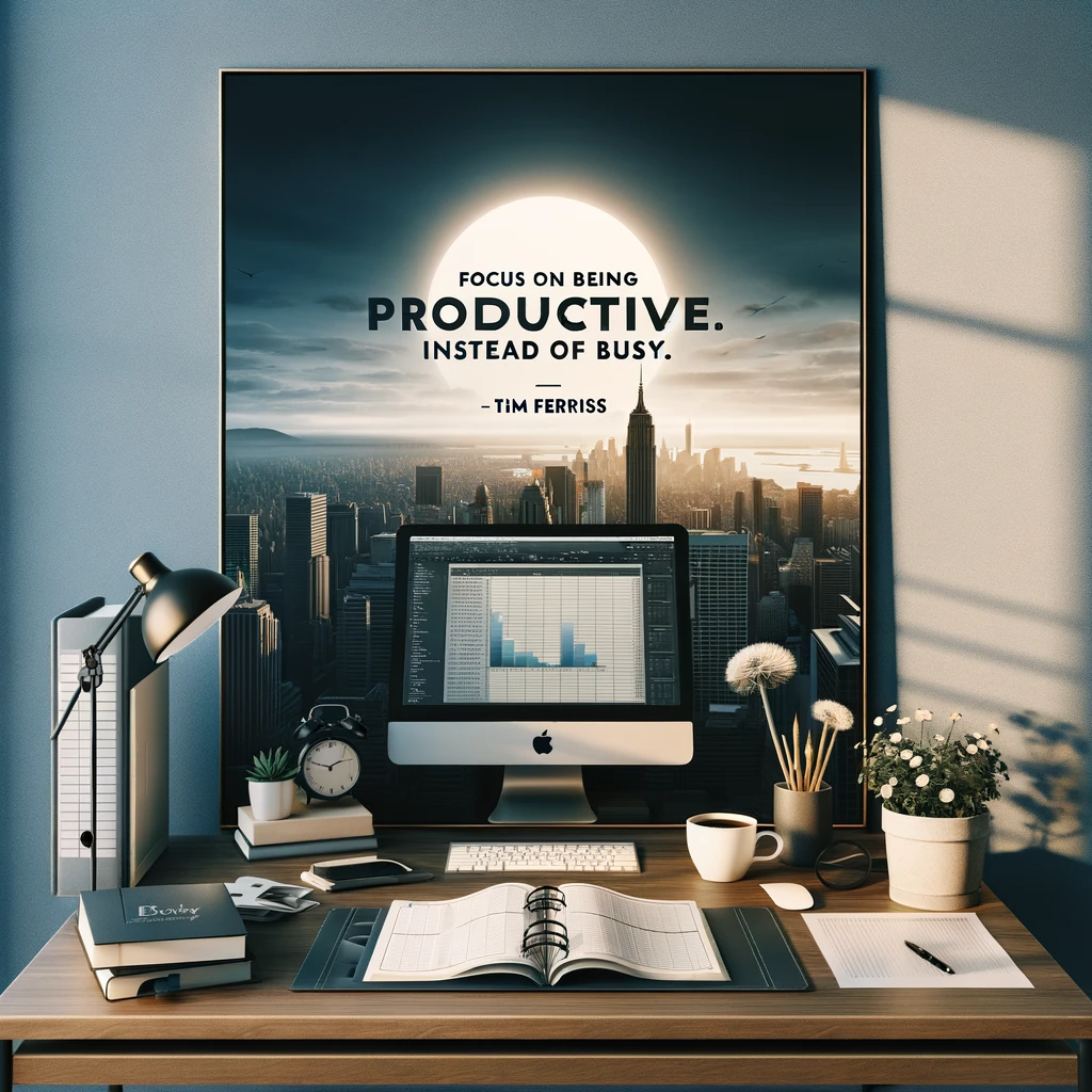 Home office with city view and quote by Tim Ferriss on productivity.