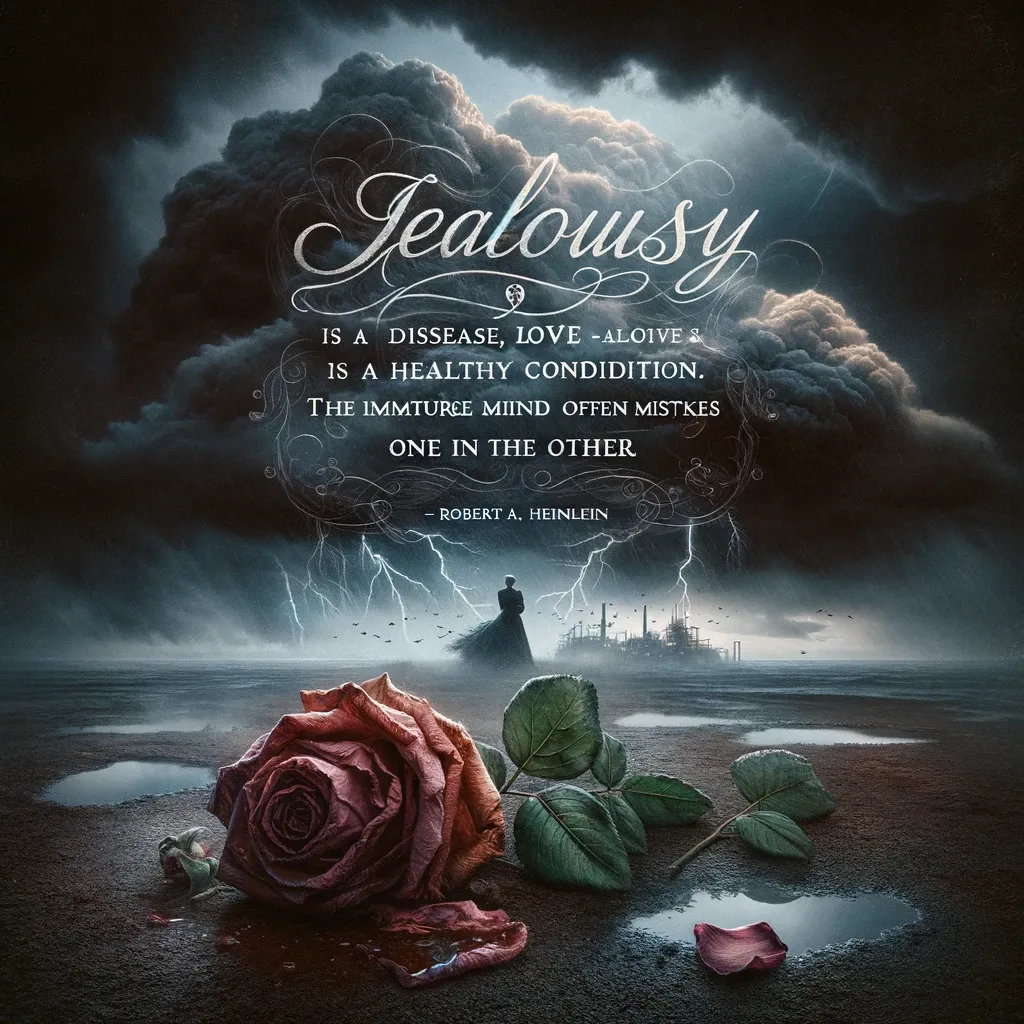 Dramatic scene with a stormy sky and a wilted rose, depicting the quote by Heinlein on jealousy as a disease and love as a healthy condition.