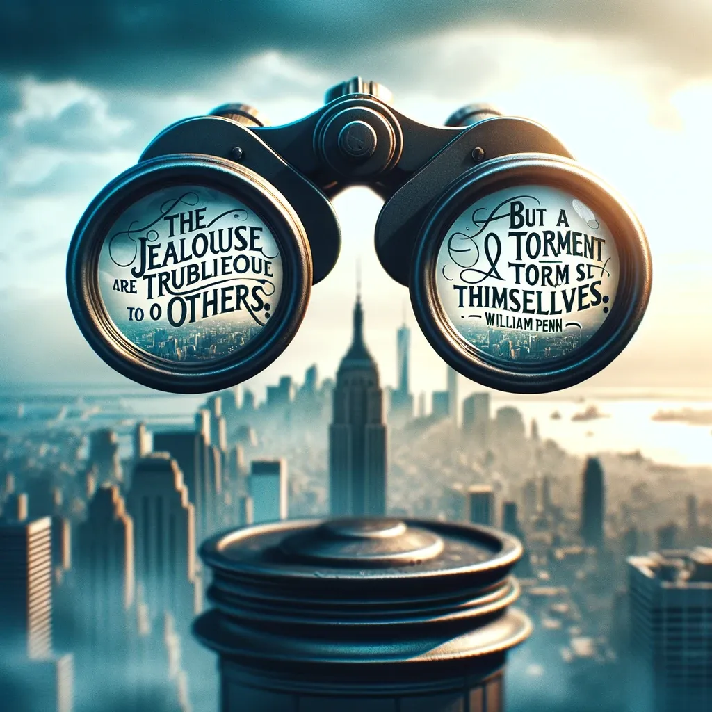Binoculars overlooking a cityscape with quotes on jealousy by William Penn