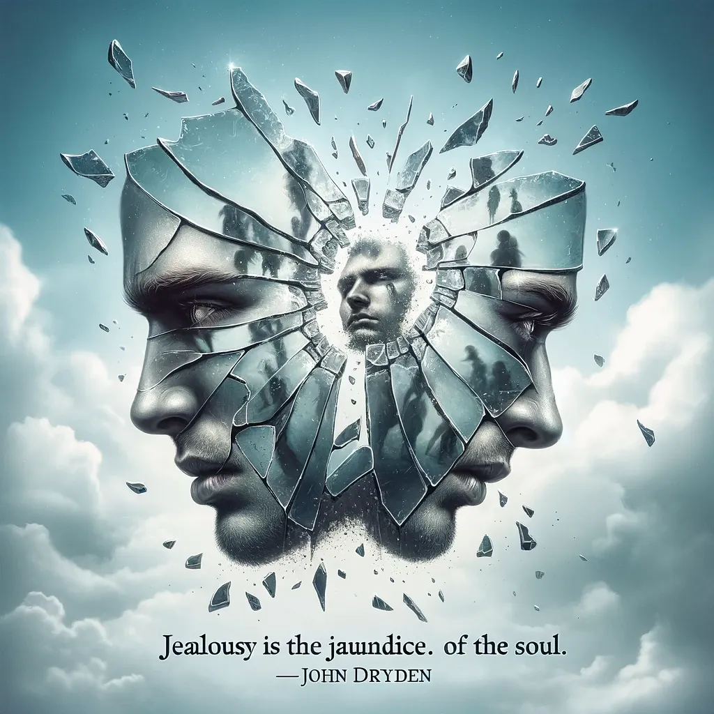 Shattered mirror reflecting a man's face, illustrating John Dryden's quote about jealousy and the soul