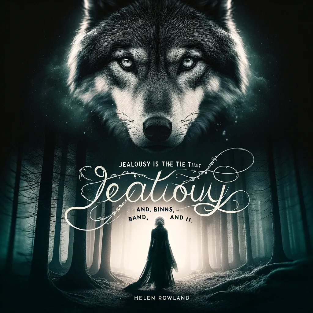 Majestic wolf overlooking a cloaked figure in a dark forest, representing the quote 'Jealousy is the tie that binds, and binds, and binds' by Helen Rowland
