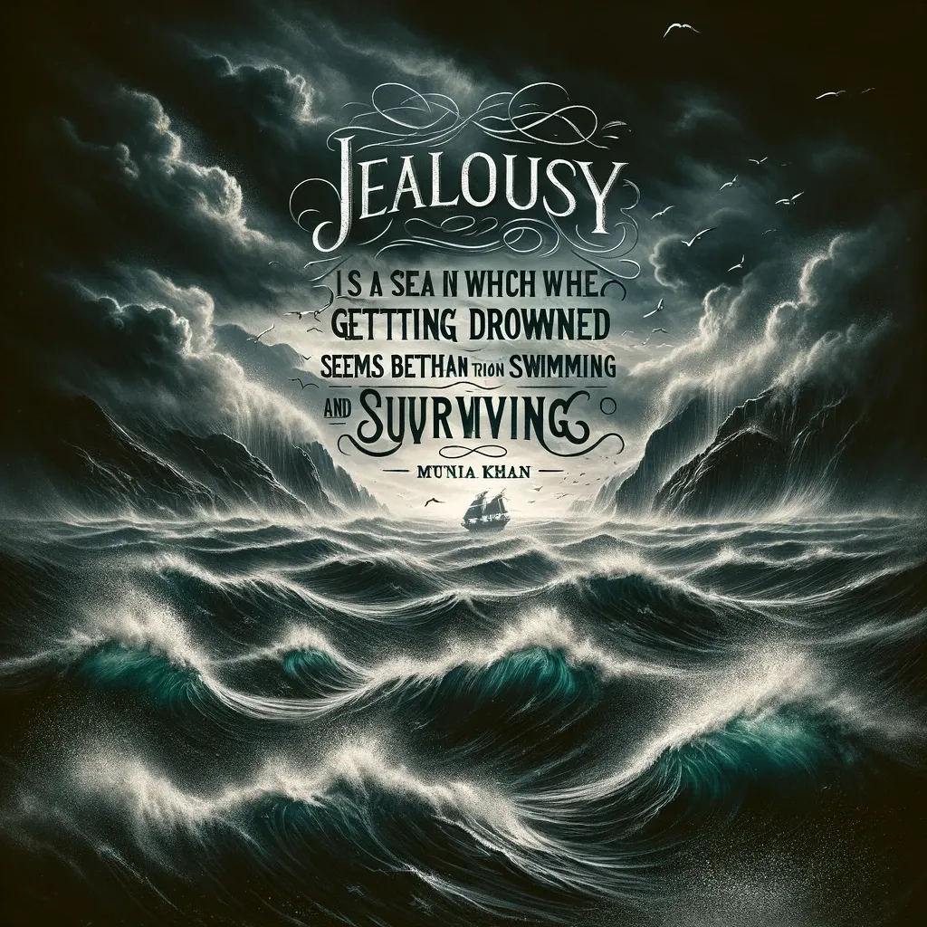 Churning stormy sea under dark clouds, visually metaphorizing the quote 'Jealousy is a sea in which getting drowned seems better than swimming and surviving' by Munia Khan