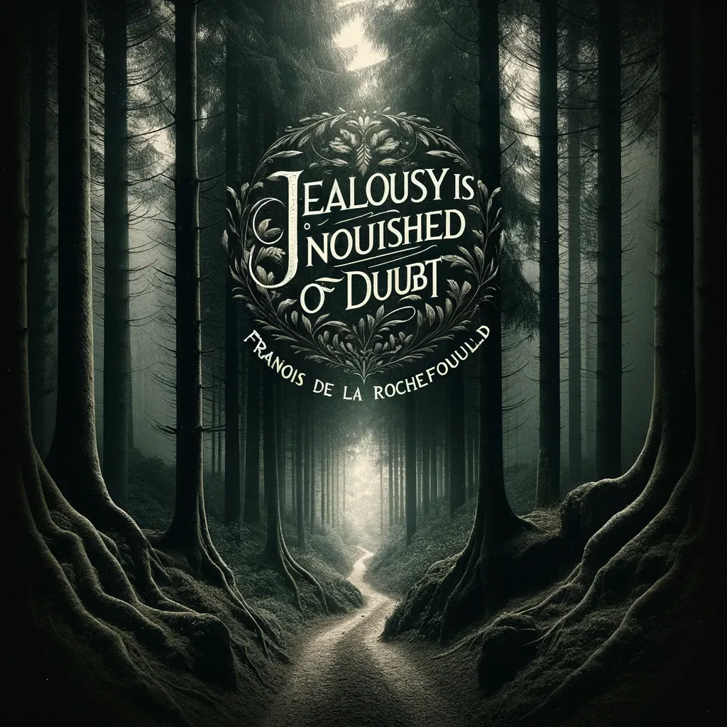 A misty forest path representing uncertainty and the darkness of jealousy, paired with François de La Rochefoucauld's quote: 'Jealousy is nourished by doubt.'