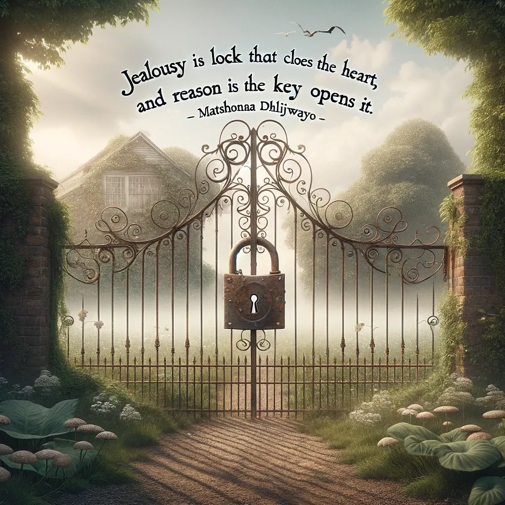 An ornate gate with a rusty lock amidst a misty garden, accompanying the quote by Matshona Dhliwayo: 'Jealousy is lock that closes the heart and reason is the key opens it.'