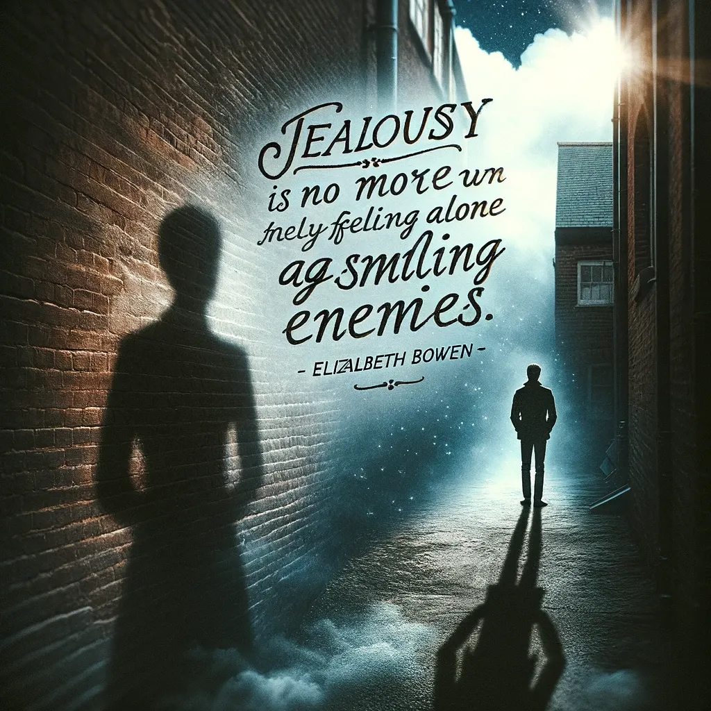 A shadowy figure cast against a brick alley, illustrating Elizabeth Bowen's quote: 'Jealousy is no more unhealthily feeling alone against smiling enemies.'