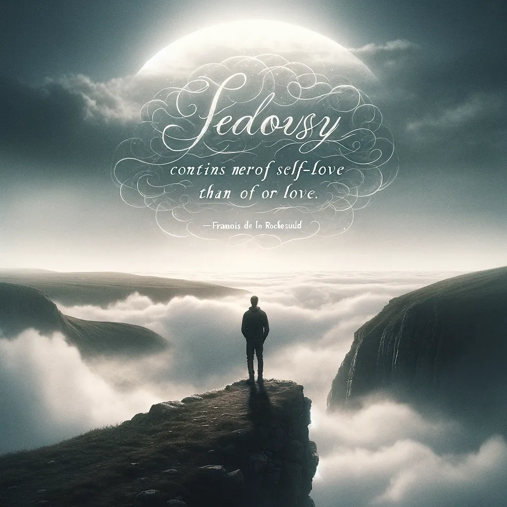 Silhouette of a person on a cliff under a celestial light with a quote about jealousy and self-love by François de la Rochefoucauld.