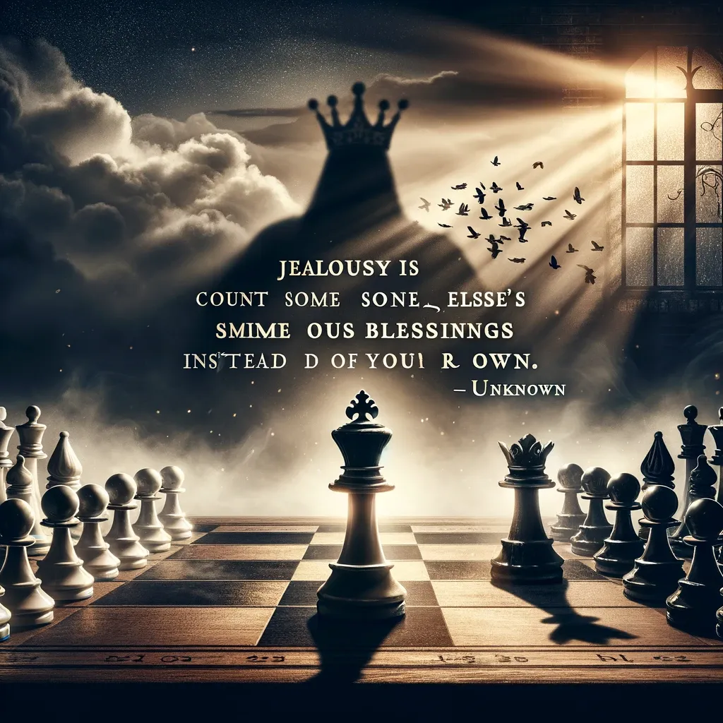 A chessboard in the spotlight with the queen piece casting a shadow, accompanying a quote about jealousy counting others' blessings instead of one's own.