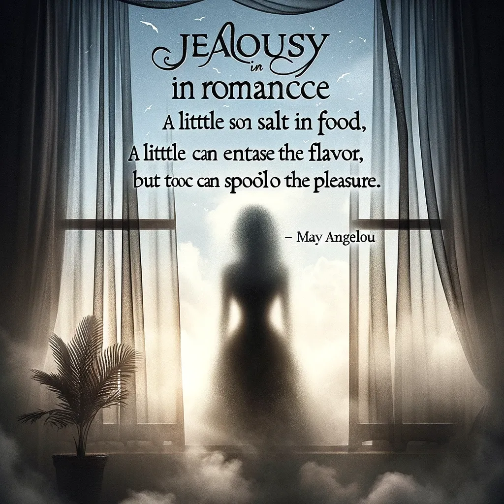 Silhouette of a person at a window with curtains, symbolizing May Angelou's wise words on the delicate balance of jealousy in romance.