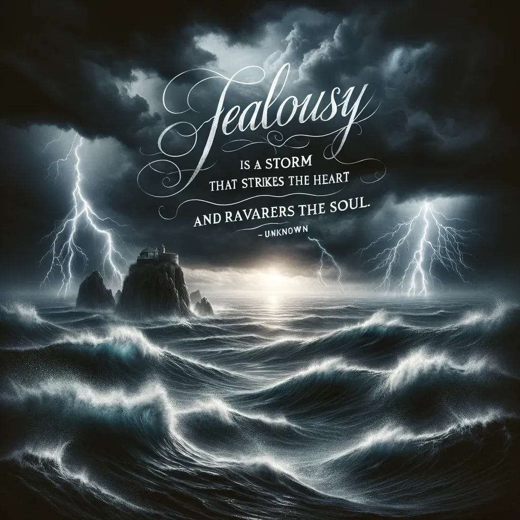 A lighthouse amidst a stormy sea with lightning, symbolizing the tumultuous effect of jealousy as described in the quote.