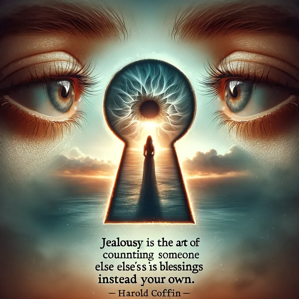 A keyhole showing a lone figure walking towards a sunset, overlaid with eyes, illustrating the quote on jealousy by Harold Coffin.