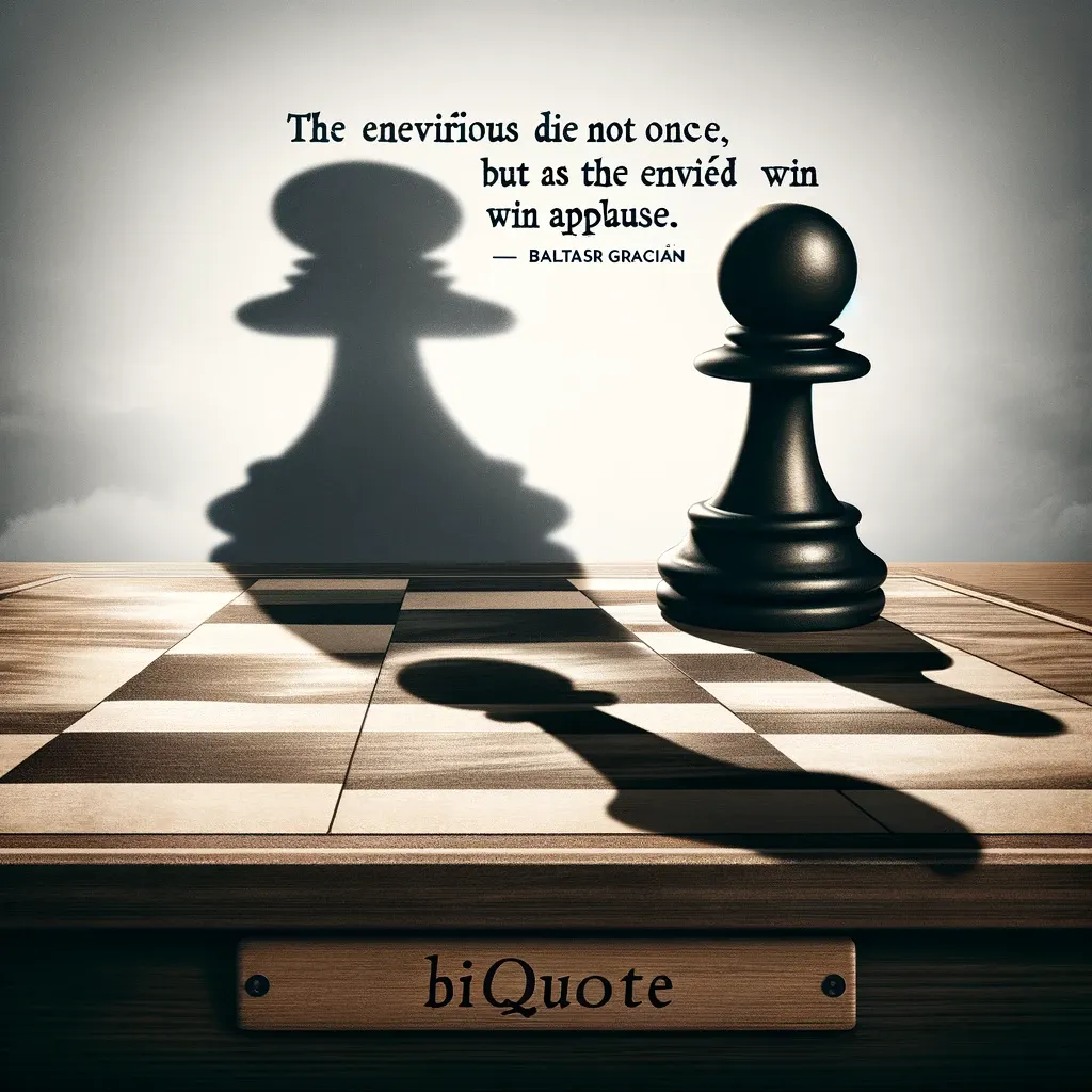 A chess pawn casting a king's shadow, embodying Baltasar Gracián's quote on envy and recognition.