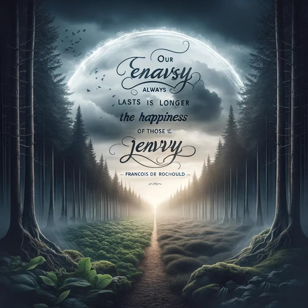 A tranquil forest path under a moonlit sky, accompanied by François de Rochould's quote about envy outlasting happiness.