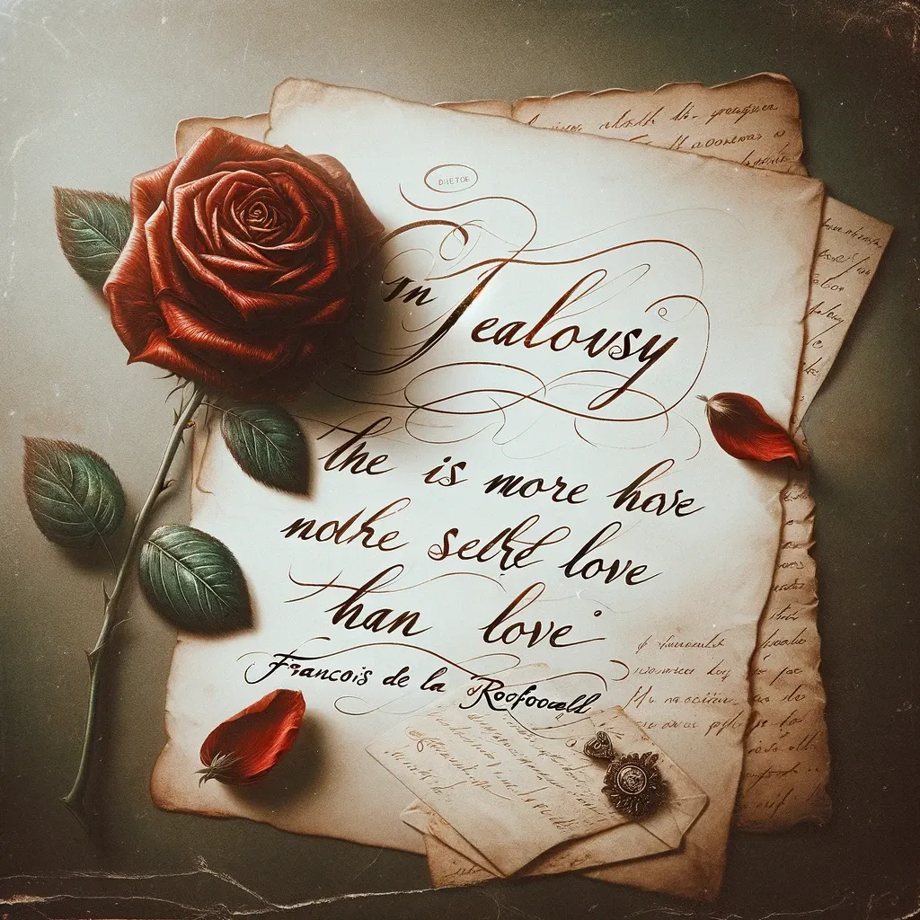Vintage letters with a red rose symbolizing the quote on jealousy and self-love by François de la Rochefoucauld.