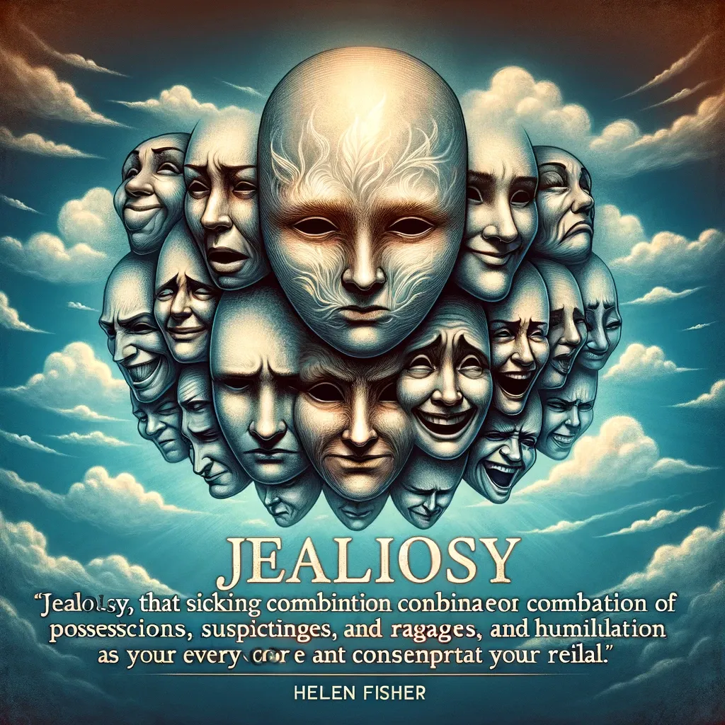A surreal collage of faces with different expressions surrounding a central stoic face, illustrating Helen Fisher's quote on jealousy's multifaceted nature.