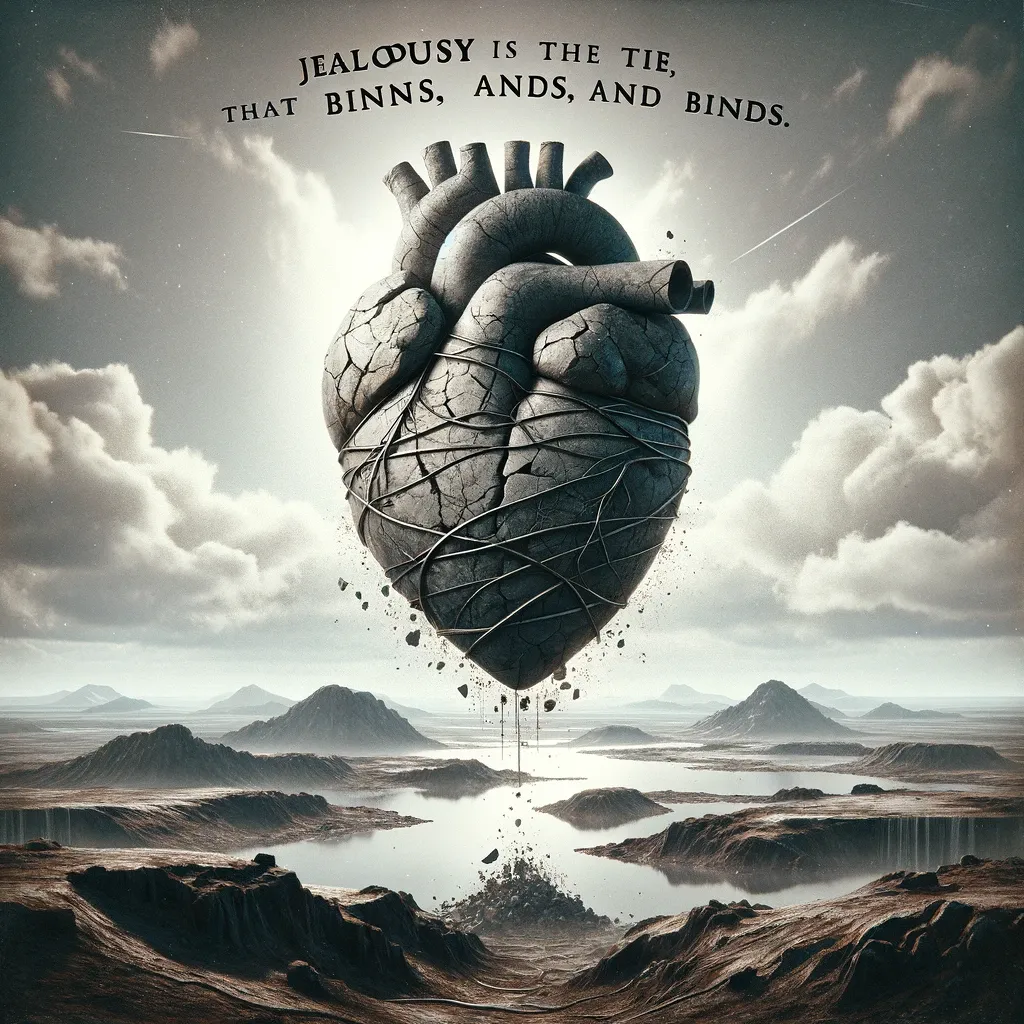 A surreal depiction of a floating heart bound by ropes against a barren landscape, symbolizing the constraining nature of jealousy.