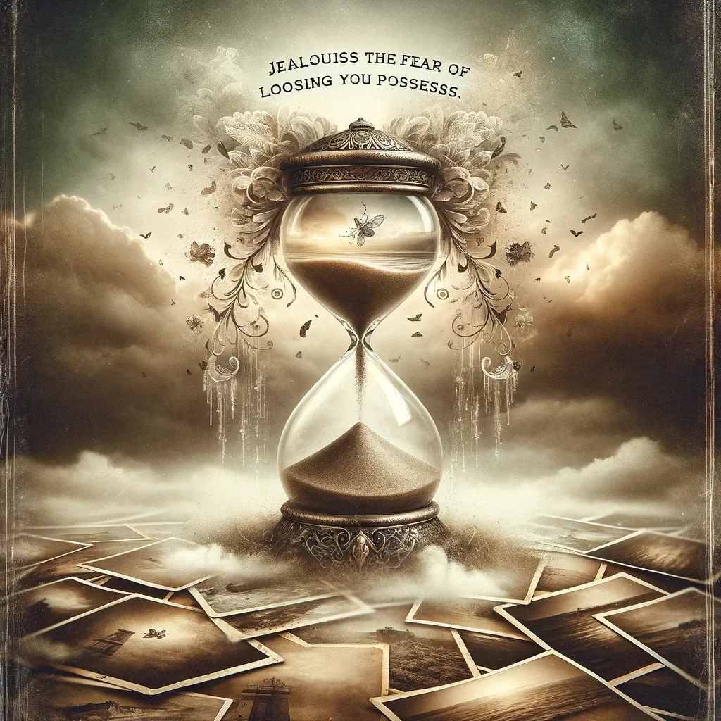 A mystical hourglass with wings amidst clouds and scattered photos, representing the fear of loss central to jealousy.