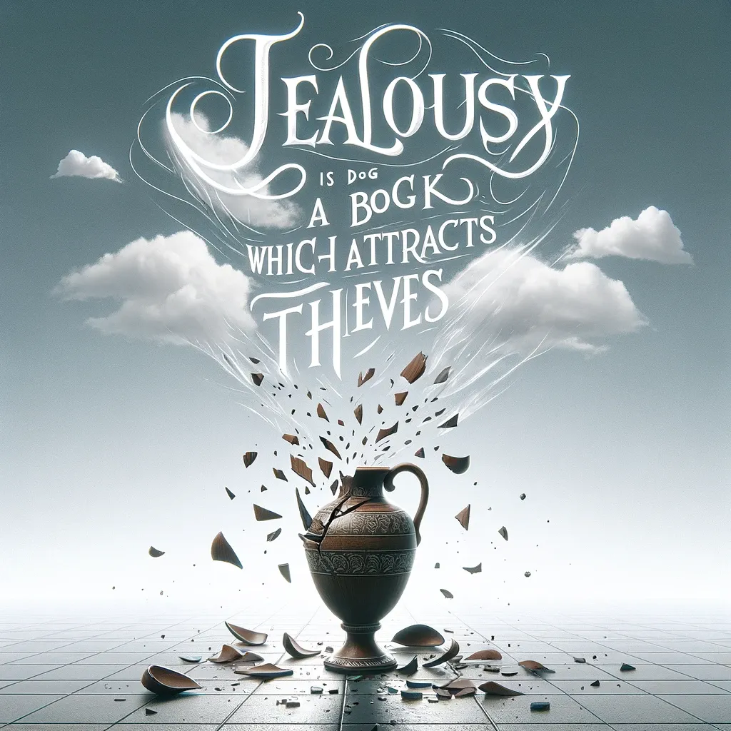 A shattered vase against a serene sky, illustrating the destructive nature of jealousy, as suggested by the quote.