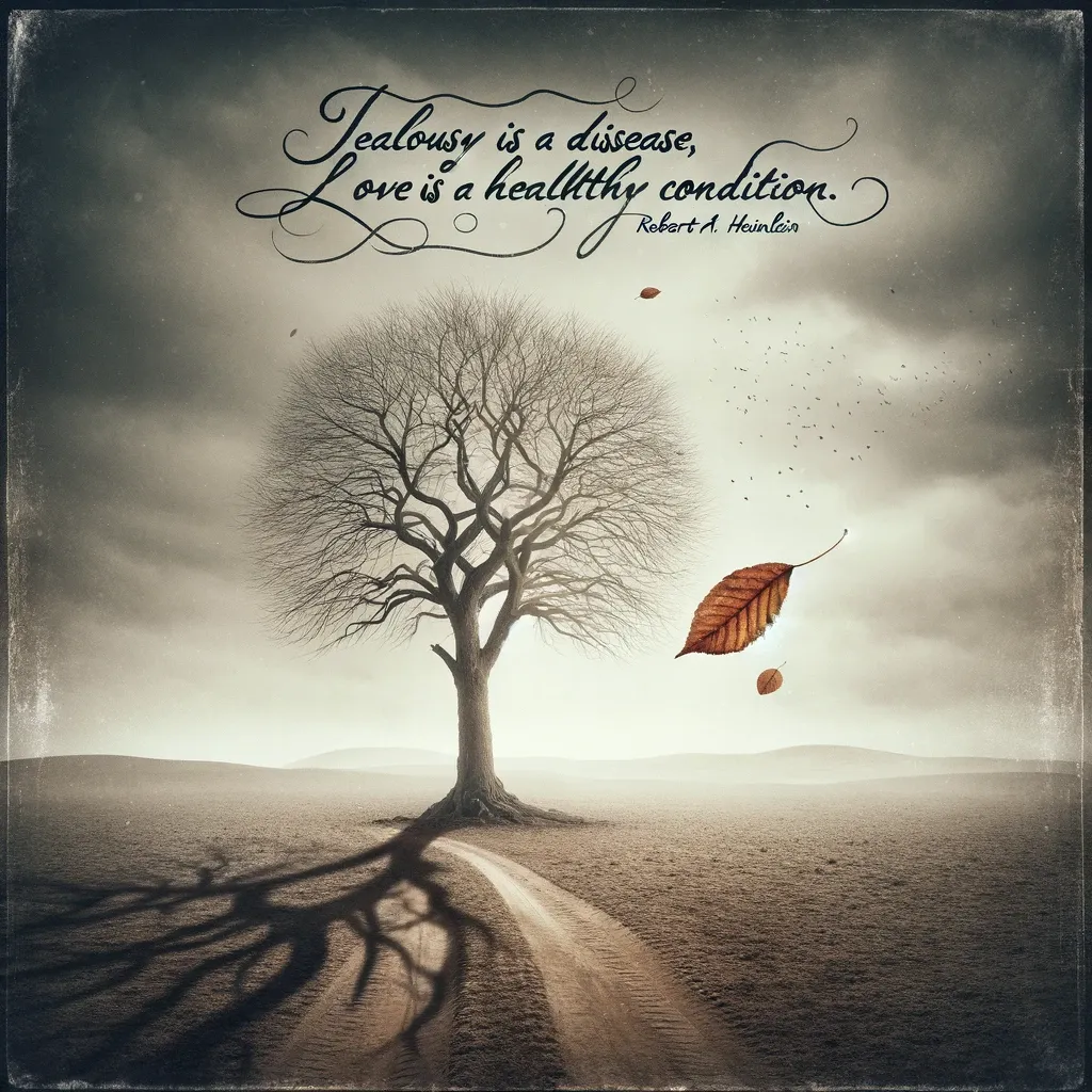 A solitary tree in a barren landscape with a single leaf falling, paired with a quote on jealousy and love by Robert A. Heinlein.