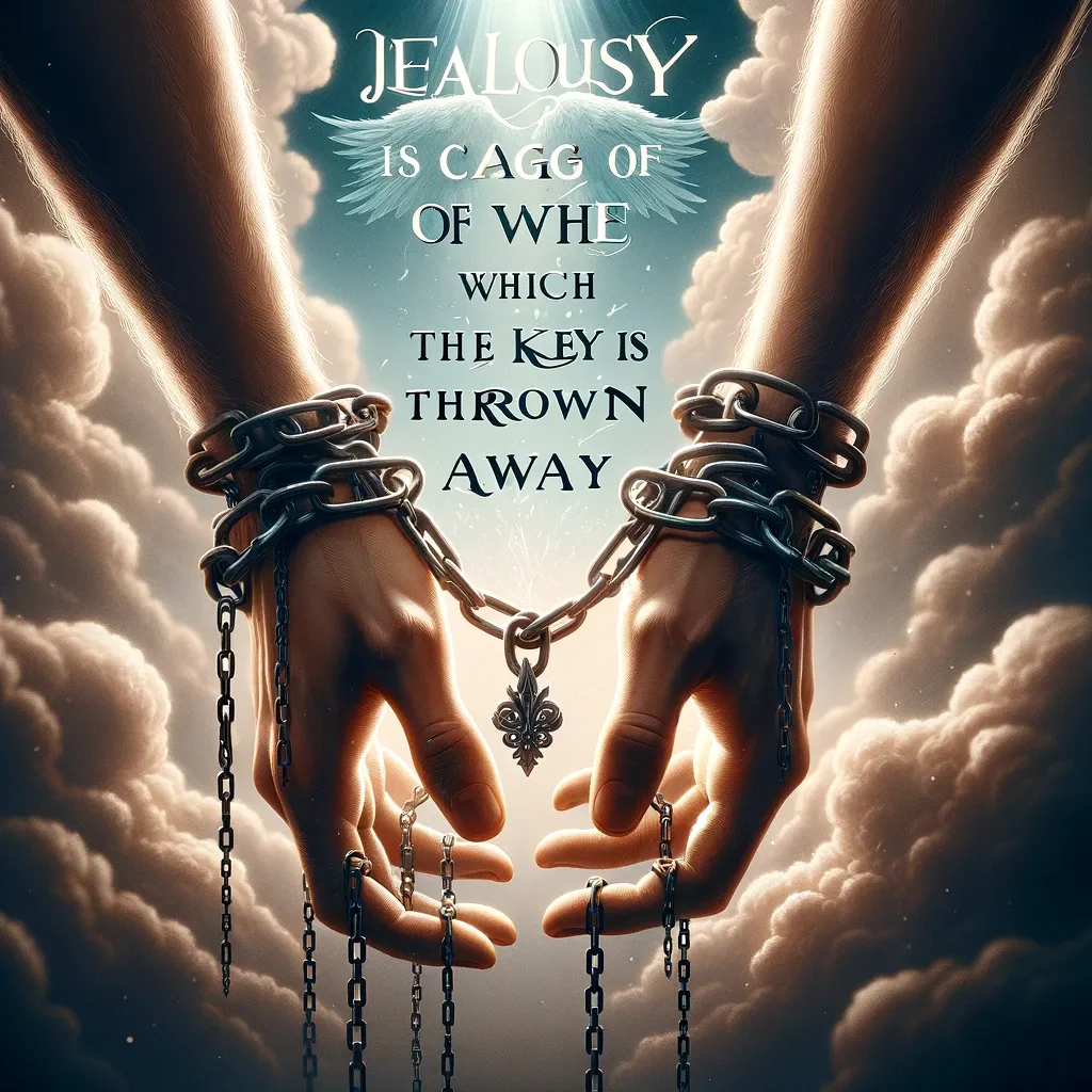 Shackled hands against a backdrop of heavenly clouds, illustrating the quote about jealousy being a cage with the key thrown away.