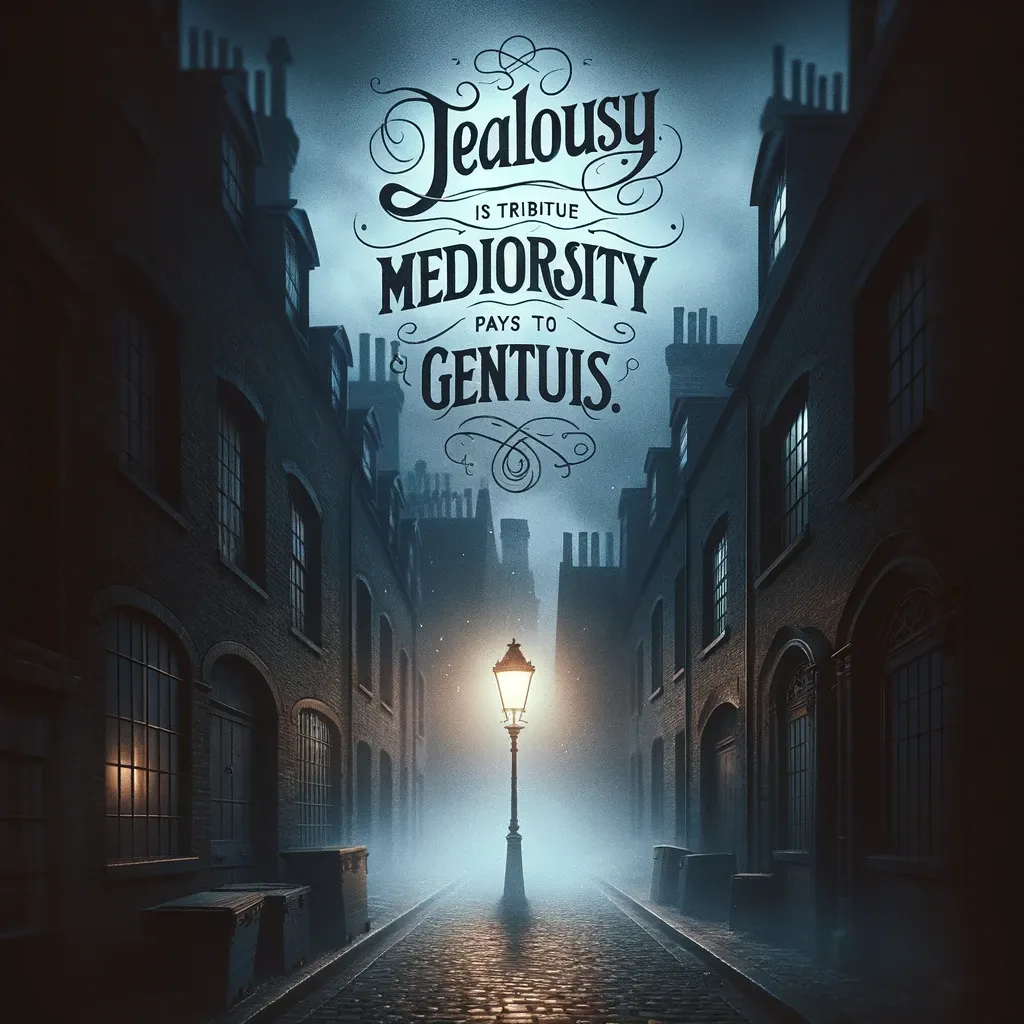 An eerie Victorian street lit by a lone gas lamp with a thought-provoking quote on jealousy.